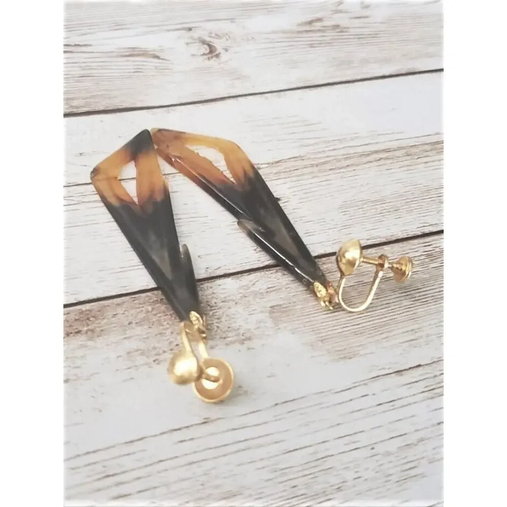 Vintage Screw On Earrings Black & Orange Jagged Triangle Statement Long Dangle